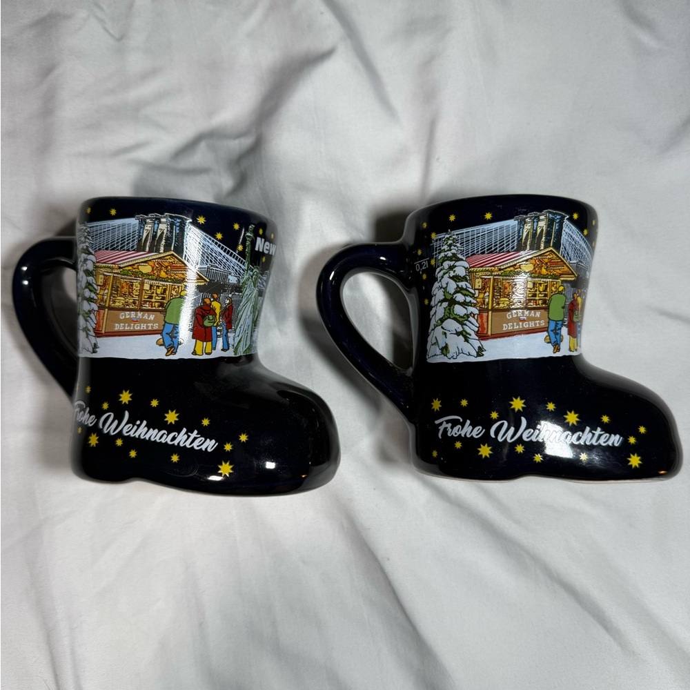 Set of 2 German Festive Boot-Shaped Mugs with New York Christmas Market Design